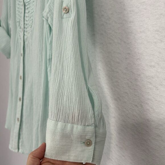 Vintage America Blouse Women S Mint Green Crinkle Pleat Lace Roll Tab Button Up - Picture 9 of 12